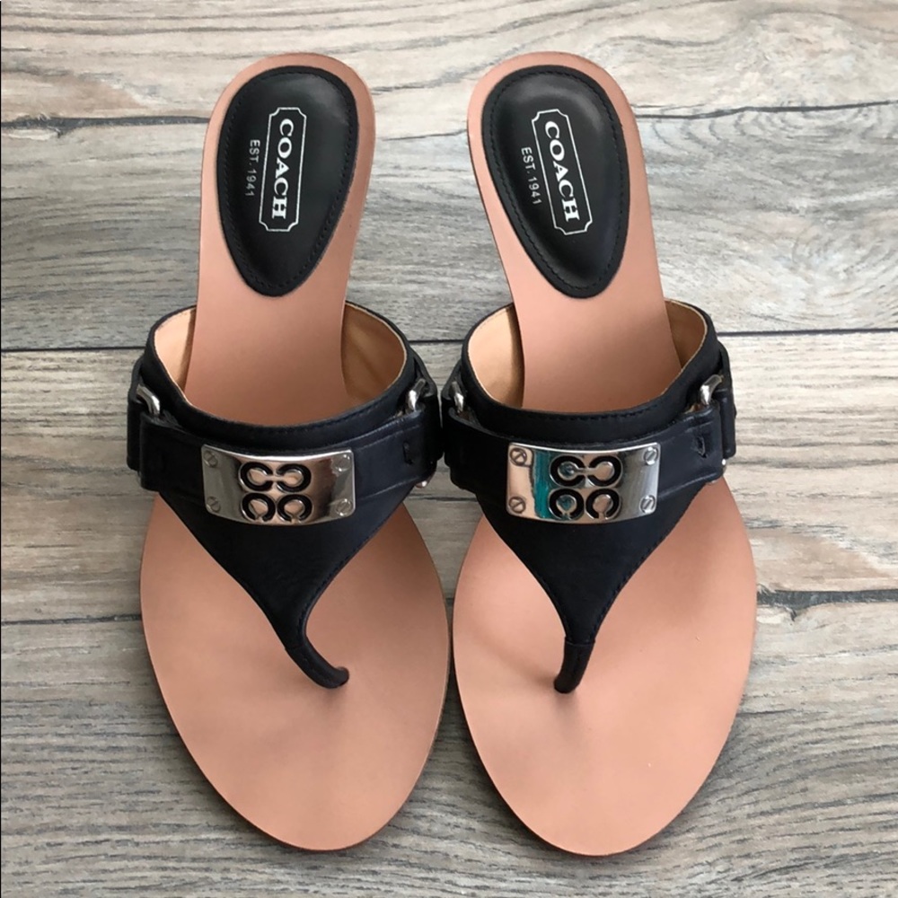 COACH Alberta Black Leather Kitten Heels Sandals 6